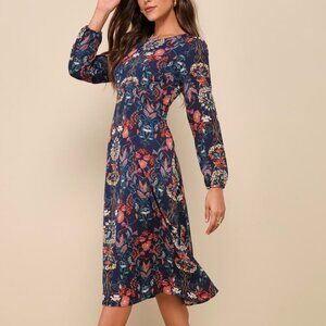 I. Madeline Garden Splendor Navy Blue Long Sleeve Dress Floral Print Size‎ XS
